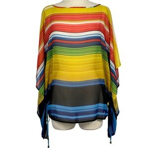 Apostrophe Sheer Striped Poncho Blouse Womens S Multicolor Chiffon Tie Hem